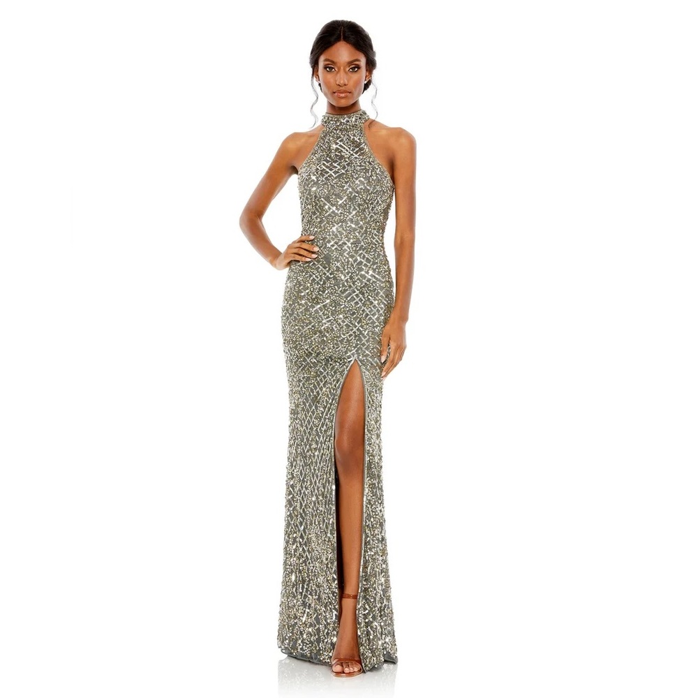 NWT $698 MAC DUGGAL Cutout Back FULLY Sequin Gown DRESS PLATINUM 4112